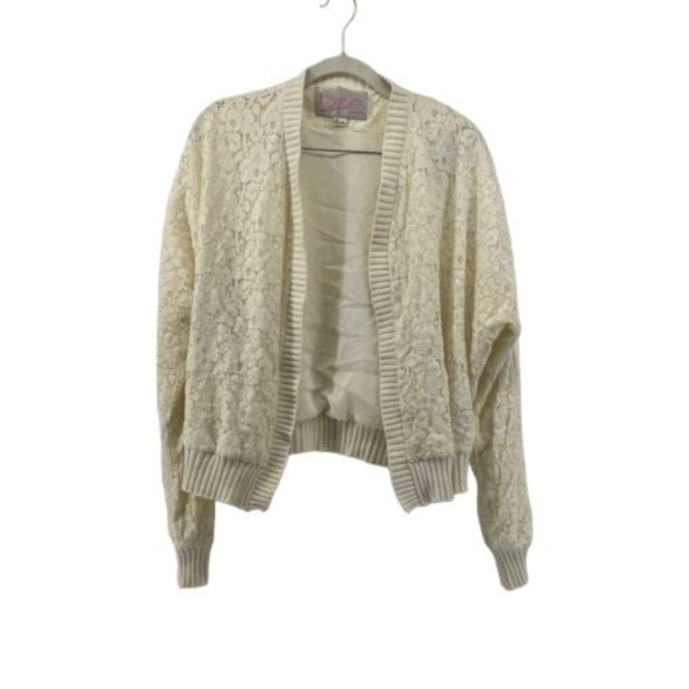 Rory Beca Forever 21 Lace Cardigan Open Front Knit Trim Cream Cottagecore ‎ L